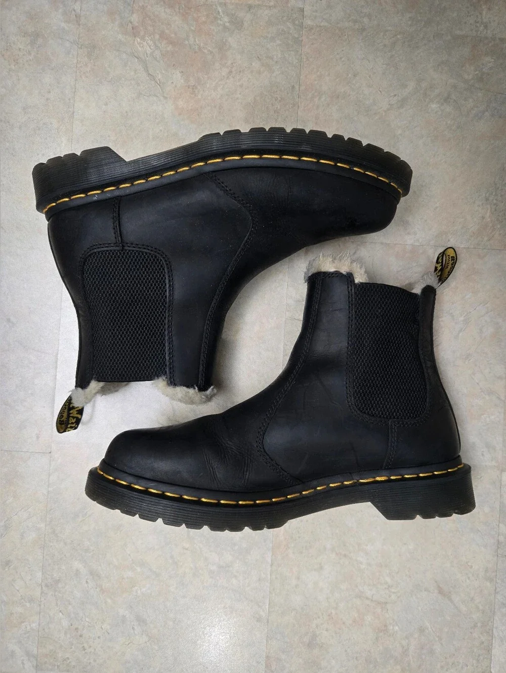 Dr. Martens Men's 2976 Black Leather Chelsea Boot with Cream Shearling Collar